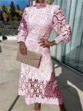 Pink Short Sleeve Lace Embroidered Cut Out Prom Fashion Casual Midi Skirt Dress
