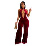 Red Deep V Neck Pleated Backless Velvet Fashion Casual Jumpsuit
