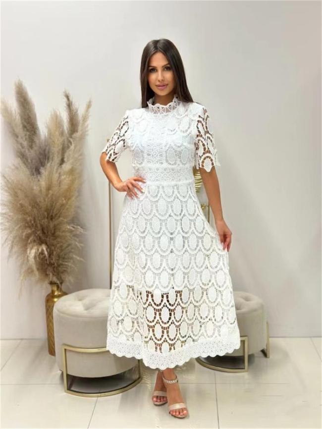 White Short Sleeve Lace Embroidered Cut Out Prom Fashion Casual Midi Skirt Dress