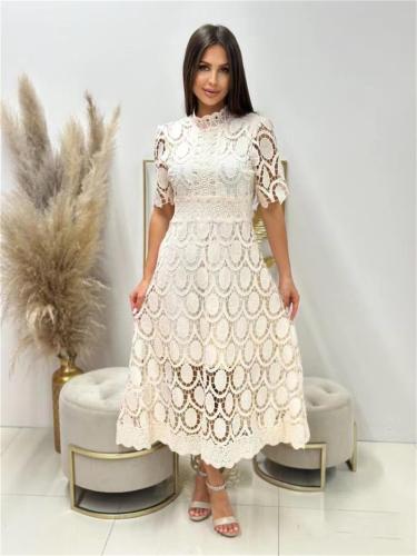 Beige Short Sleeve Lace Embroidered Cut Out Prom Fashion Casual Midi Skirt Dress