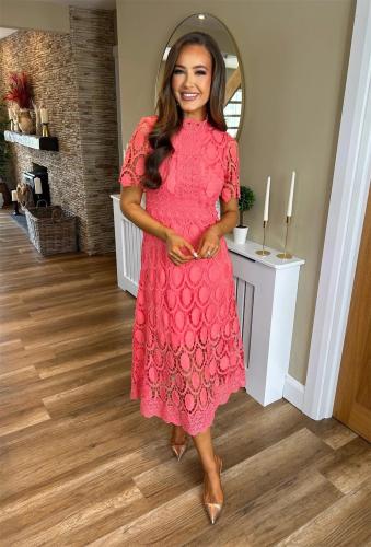 Orange Red Short Sleeve Lace Embroidered Cut Out Prom Fashion Casual Midi Skirt Dress