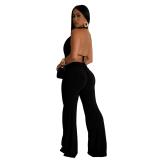 Black Sleeveless Pleated Tops Two Pieces Casual Birthday Pant Sets Jumpsuit