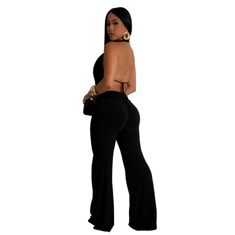 Black Sleeveless Pleated Tops Two Pieces Casual Birthday Pant Sets Jumpsuit