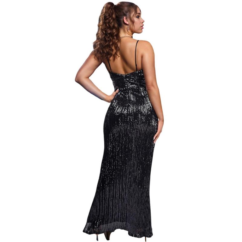 Black Straps Low Cut V Neck Sequins Bodycon Luxury Evening Long Dress