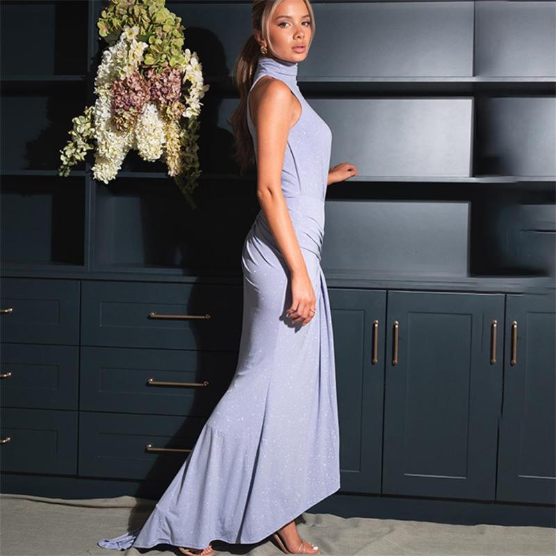 Light Blue Sleeveless Turtleneck Pleated Women Fashion Maxi Dress