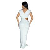 White Chic Sleeveless Cut Out Pleated Women Birthday Maxi Dress