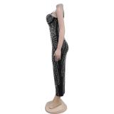 Black Straps V Neck Sleeveless Diamonds Mesh See Through Bodycon Prom Midi Dress