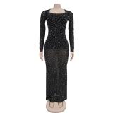 Black Chic One-Shoulder Long Sleeve Dress with Sparkling Diamonds