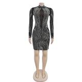 Black Luxury Mesh See Through Diamonds Pearls Bodycon Mini Dress