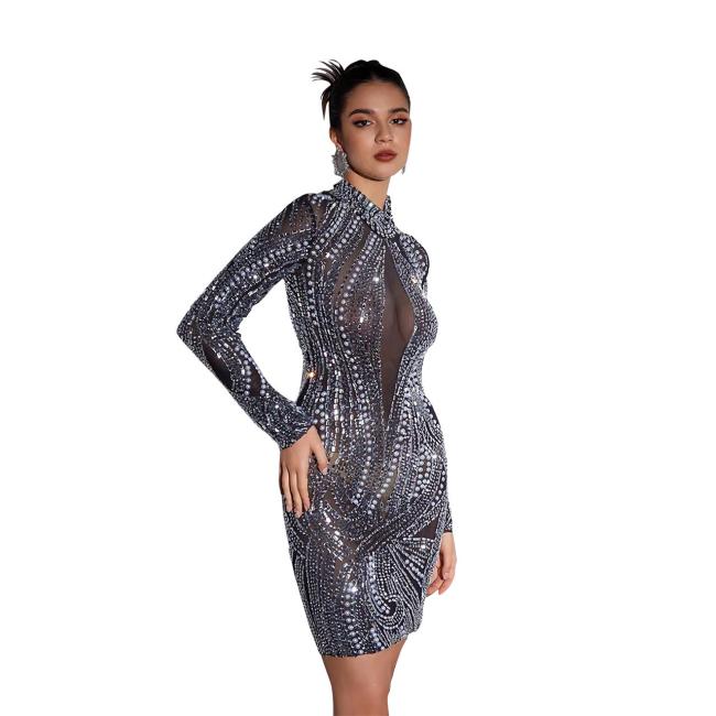 Black Luxury Mesh See Through Diamonds Pearls Bodycon Mini Dress