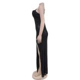 Black Straps Low Cut V Neck Sequins Bodycon Luxury Evening Long Dress