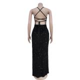 Black Sleeveless V Neck Sequins Luxury Evening High Slit Party Dress