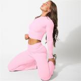 Pink Long Sleeve Cotton Women Crop Top Pleated Two Pieces Pant Sets