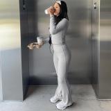 Gray Long Sleeve Cotton Women Crop Top Pleated Two Pieces Sports Pant Sets