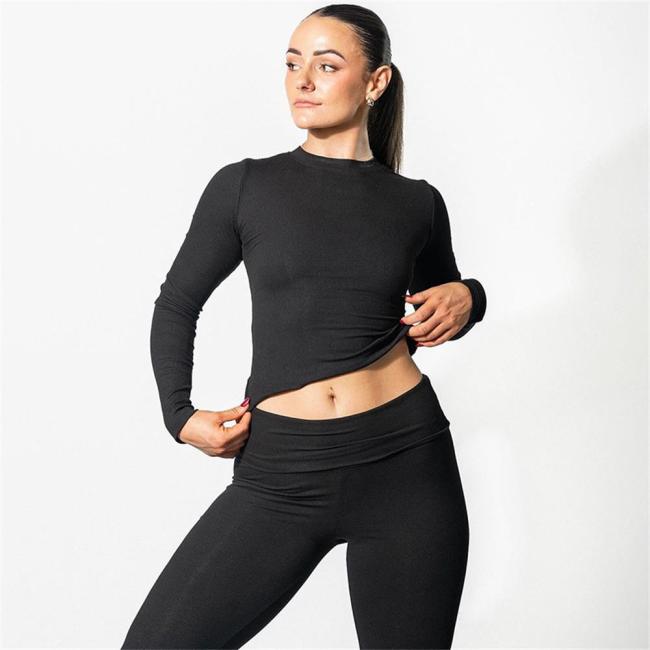 Black Long Sleeve Cotton Women Crop Top Pleated Two Pieces Pant Sets
