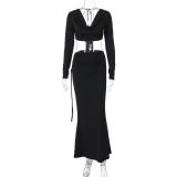 Black Long Sleeve Low Cut Crop Tops Pleated Slim Fit Women Formal Skirt Sets