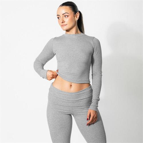 Gray Long Sleeve Cotton Women Crop Top Pleated Two Pieces Pant Sets