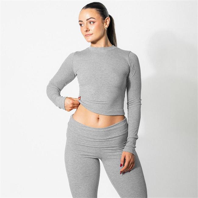 Gray Long Sleeve Cotton Women Crop Top Pleated Two Pieces Pant Sets