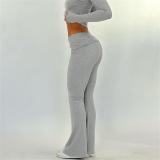 Gray Long Sleeve Cotton Women Crop Top Pleated Two Pieces Pant Sets