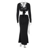 Black Long Sleeve Low Cut Crop Tops Pleated Slim Fit Women Formal Skirt Sets