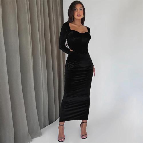 Black Velvet Long Sleeve Low Cut Fish-bone Crop Top Pleated Evening Prom Midi Dress