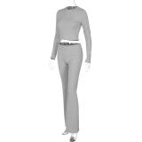 Gray Long Sleeve Cotton Women Crop Top Pleated Two Pieces Pant Sets