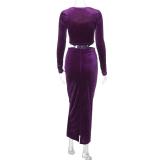 Purple Velvet Long Sleeve Low Cut Fish-bone Crop Top Pleated Evening Prom Midi Dress
