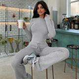 Gray Long Sleeve Cotton Women Crop Top Pleated Two Pieces Sports Pant Sets
