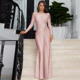 Pink Chic Elegance: Women's Slim-Fit Long Sleeve Evening Dress with Round Neck