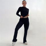 Black Long Sleeve Cotton Women Crop Top Pleated Two Pieces Pant Sets