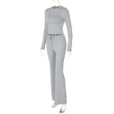 Gray Long Sleeve Cotton Women Crop Top Pleated Two Pieces Sports Pant Sets