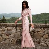 Pink Chic Elegance: Women's Slim-Fit Long Sleeve Evening Dress with Round Neck