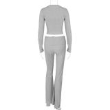 Gray Long Sleeve Cotton Women Crop Top Pleated Two Pieces Pant Sets