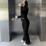 Black Long Sleeve Cotton Women Crop Top Pleated Two Pieces Sports Pant Sets