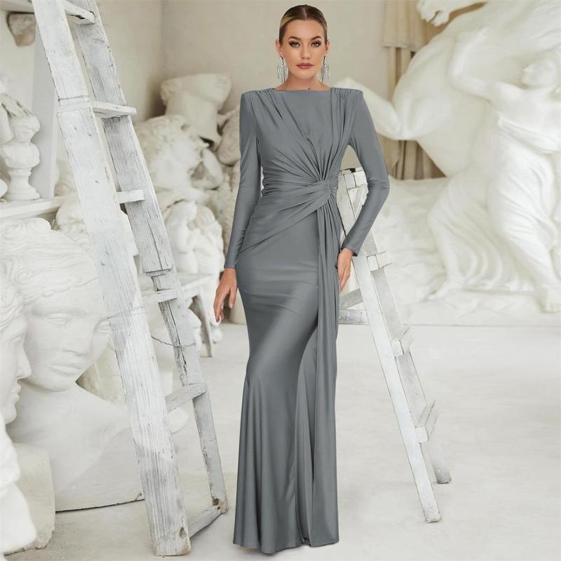 Gray Chic Elegance: Women's Slim-Fit Long Sleeve Evening Dress with Round Neck