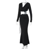 Black Long Sleeve Low Cut Crop Tops Pleated Slim Fit Women Formal Skirt Sets