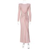 Pink Chic Elegance: Women's Slim-Fit Long Sleeve Evening Dress with Round Neck