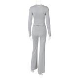 Gray Long Sleeve Cotton Women Crop Top Pleated Two Pieces Sports Pant Sets