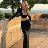 Black Long Sleeve Low Cut Crop Tops Pleated Slim Fit Women Formal Skirt Sets