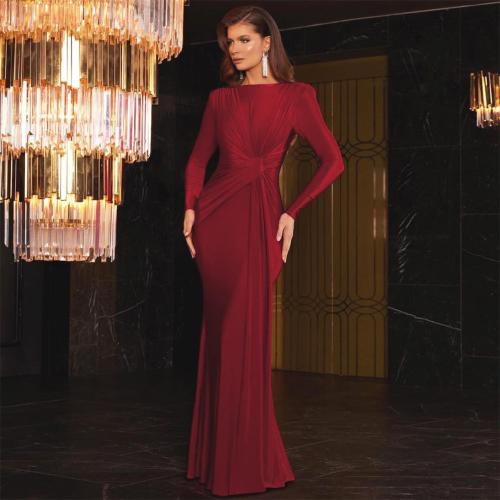 Red Chic Elegance: Women's Slim-Fit Long Sleeve Evening Dress with Round Neck