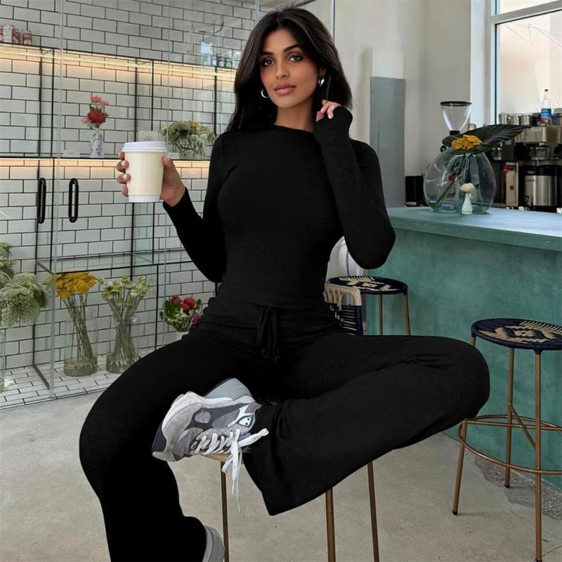 Black Long Sleeve Cotton Women Crop Top Pleated Two Pieces Sports Pant Sets