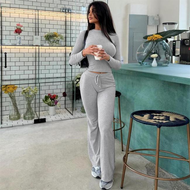 Gray Long Sleeve Cotton Women Crop Top Pleated Two Pieces Sports Pant Sets