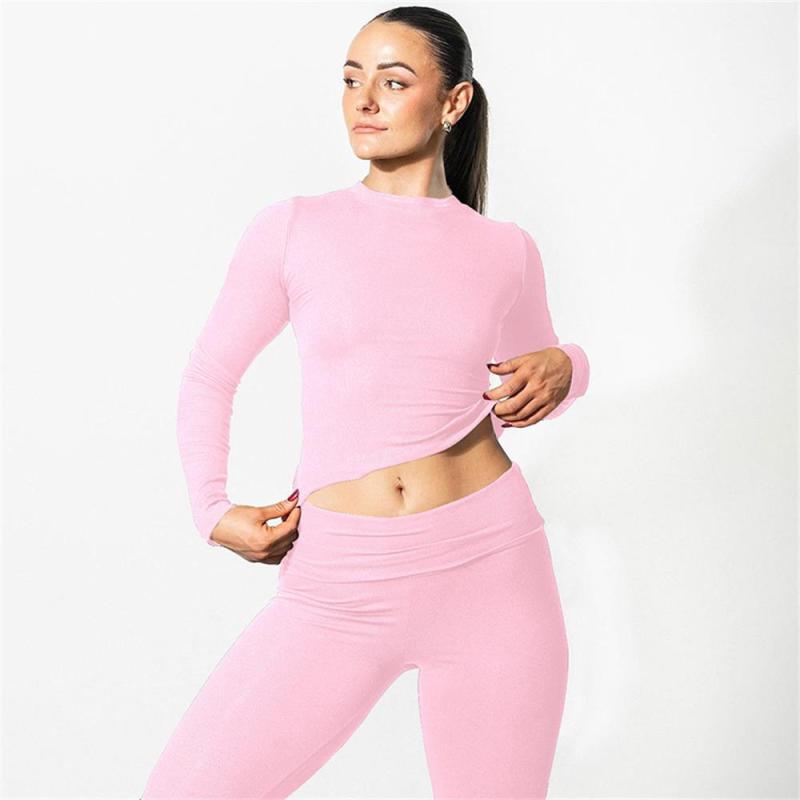 Pink Long Sleeve Cotton Women Crop Top Pleated Two Pieces Pant Sets