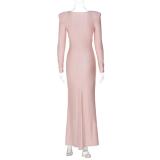 Pink Chic Elegance: Women's Slim-Fit Long Sleeve Evening Dress with Round Neck