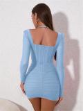 Blue Seductive Style: Tight Hip-Wrapped Mesh Suspender Dress with Pleated Back