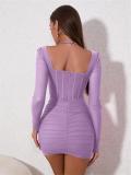 Purple Seductive Style: Tight Hip-Wrapped Mesh Suspender Dress with Pleated Back