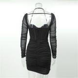 Black Seductive Style: Tight Hip-Wrapped Mesh Suspender Dress with Pleated Back