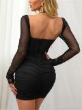 Black Seductive Style: Tight Hip-Wrapped Mesh Suspender Dress with Pleated Back
