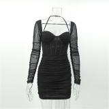 Black Seductive Style: Tight Hip-Wrapped Mesh Suspender Dress with Pleated Back