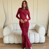 Claret Sleek Round Neck Long Sleeve Dress - Fashionable Slim Fit with Wrinkled Details